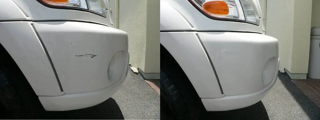 Before and after pictures showcasing the paint chip repair training on a white car.