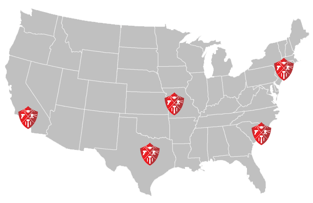 Map showing Dent Repair School locations with DRS logo/icon as the pin drop.