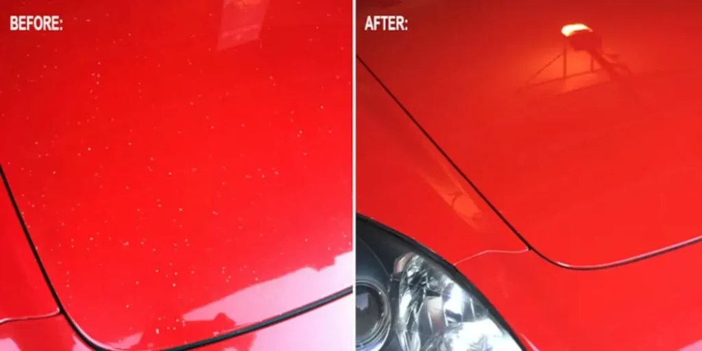 The hood of a red sports car before and after following paint chip repair training.