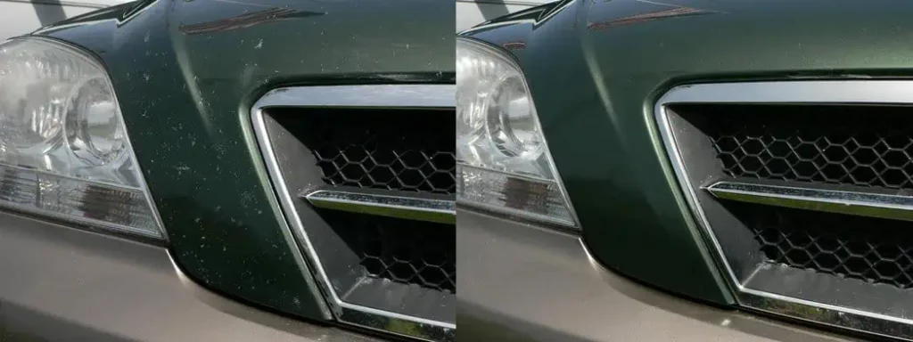 Before and after pictures showcasing paint chip repair on a car's front grill.