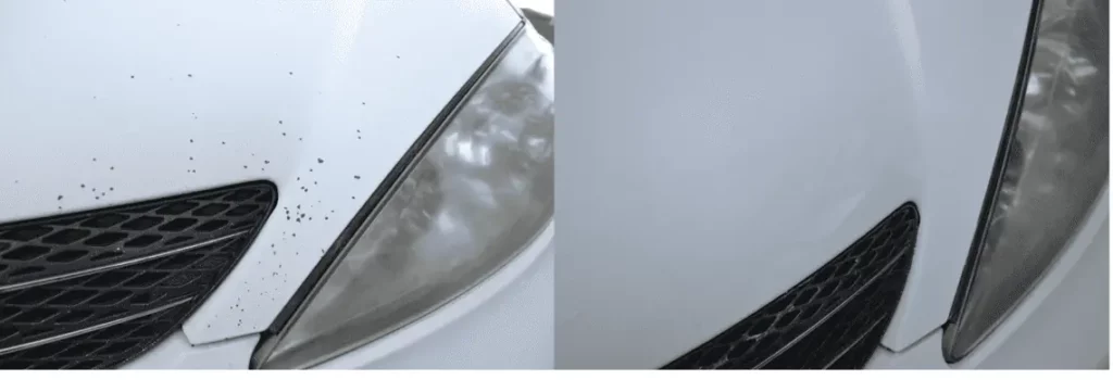 Before and after pictures showcasing paint chip repair training on a car's hood.