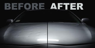 A car showcasing "Hail Repair Training" written before and after.