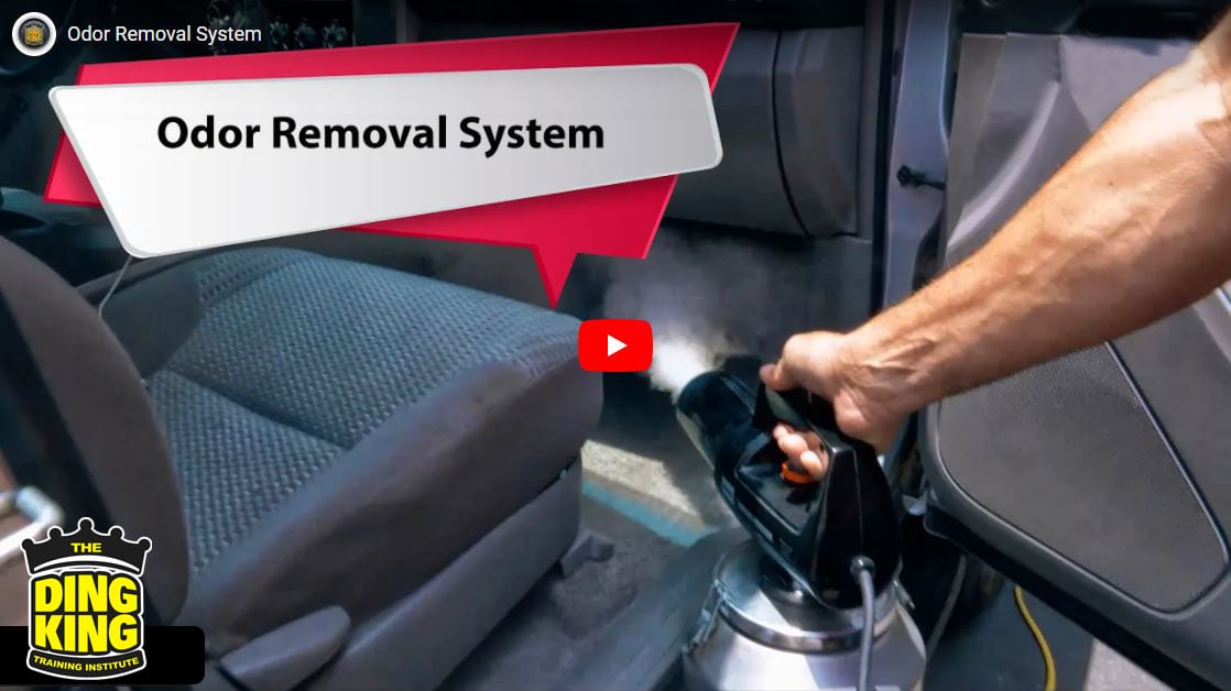 A man is using an odor removal training system to clean the car's interior.