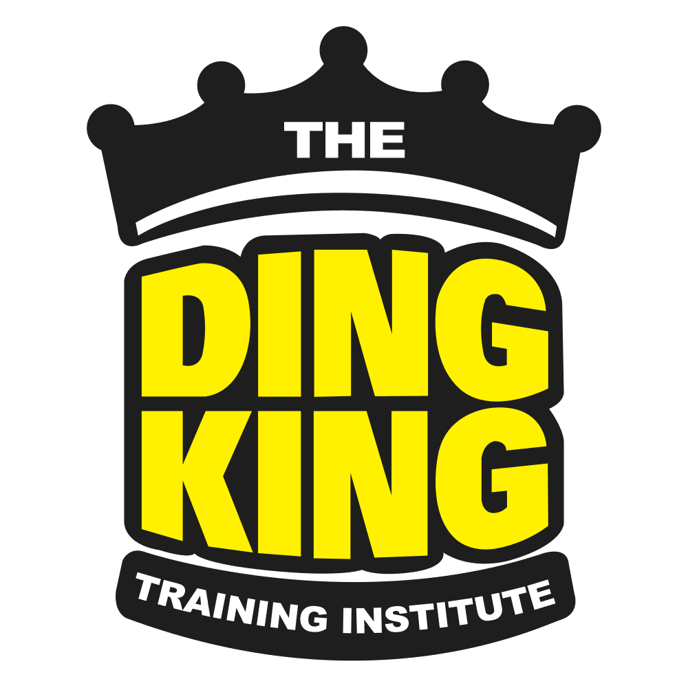 Logo for The Ding King Training Institute featuring a black crown above the bold yellow text “DING KING.”