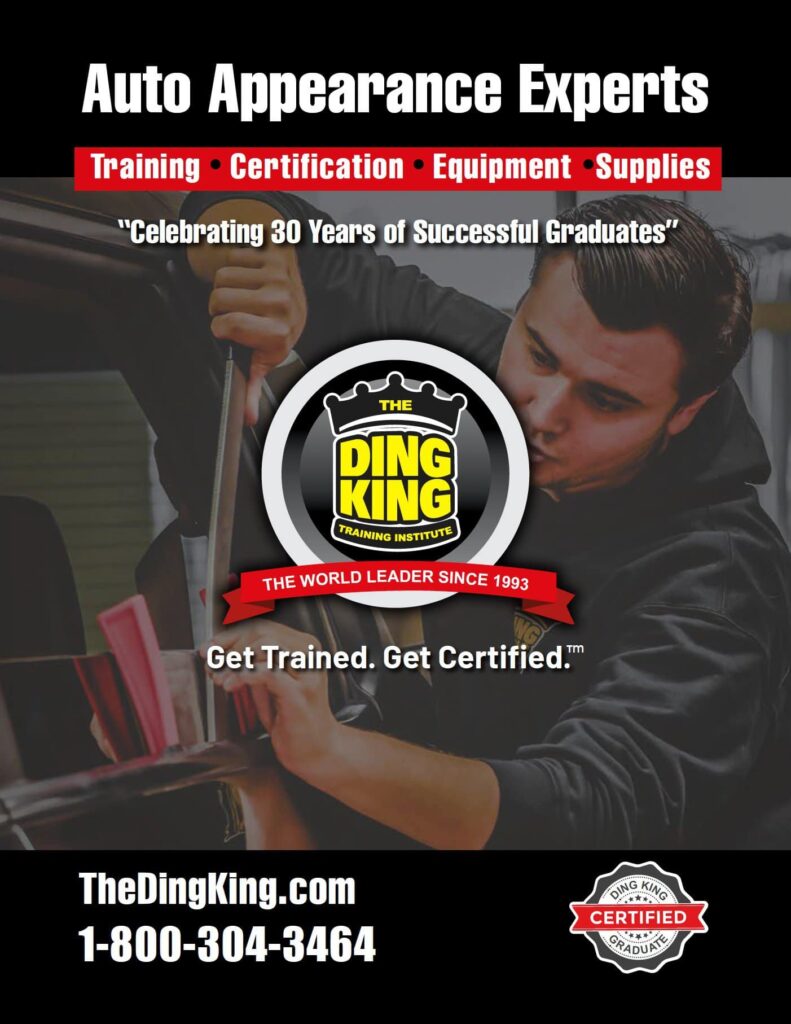 Promotional poster for The Ding King Training Institute featuring a man repairing a car with the slogan "Get Trained. Get Certified in Advanced PDR Training." and contact details.