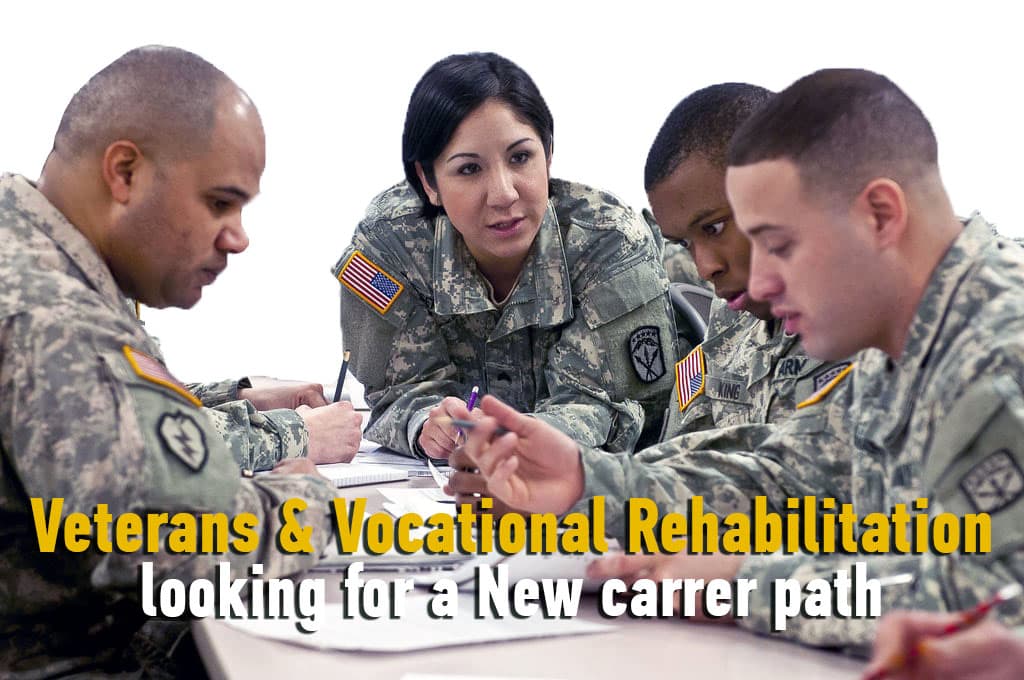 Four military personnel sit at a table in discussion. The text reads, "Veterans & Vocational Rehabilitation looking for a new career path, including Hail Repair Training.