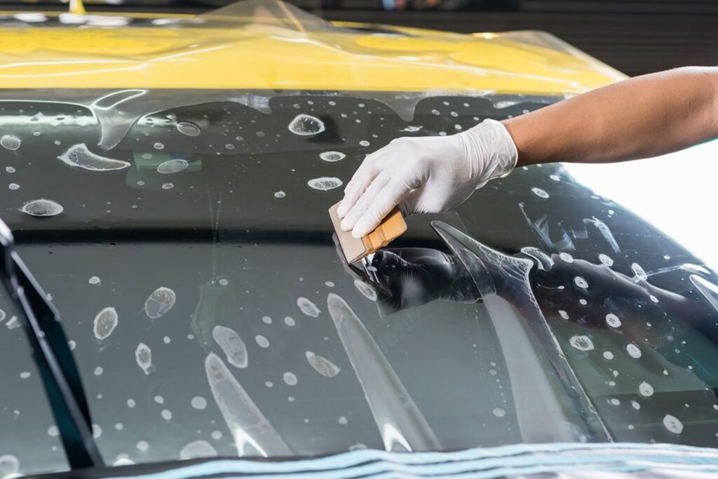 A person wearing a white glove, as part of their Paint Protection Film training, applies a protective film onto a car windshield using a smoothing tool.