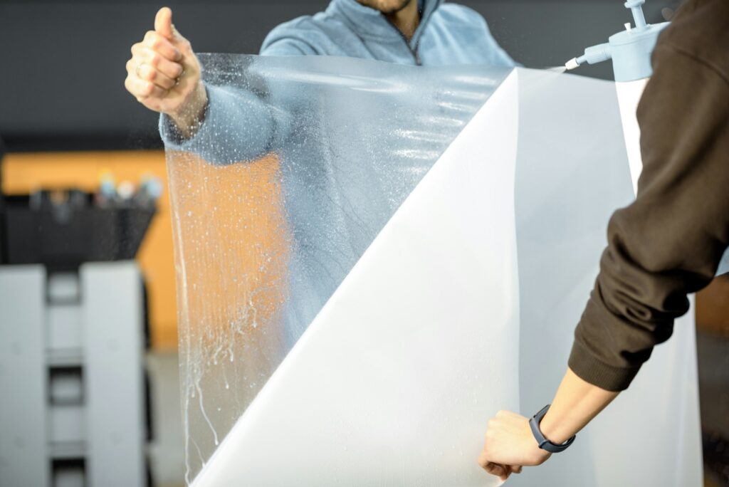 Two individuals handle a large transparent sheet in a workspace, with one person holding it taut and the other affixing it to equipment. They appear to be engaged in paint protection film training, ensuring the film is perfectly applied for optimal protection.