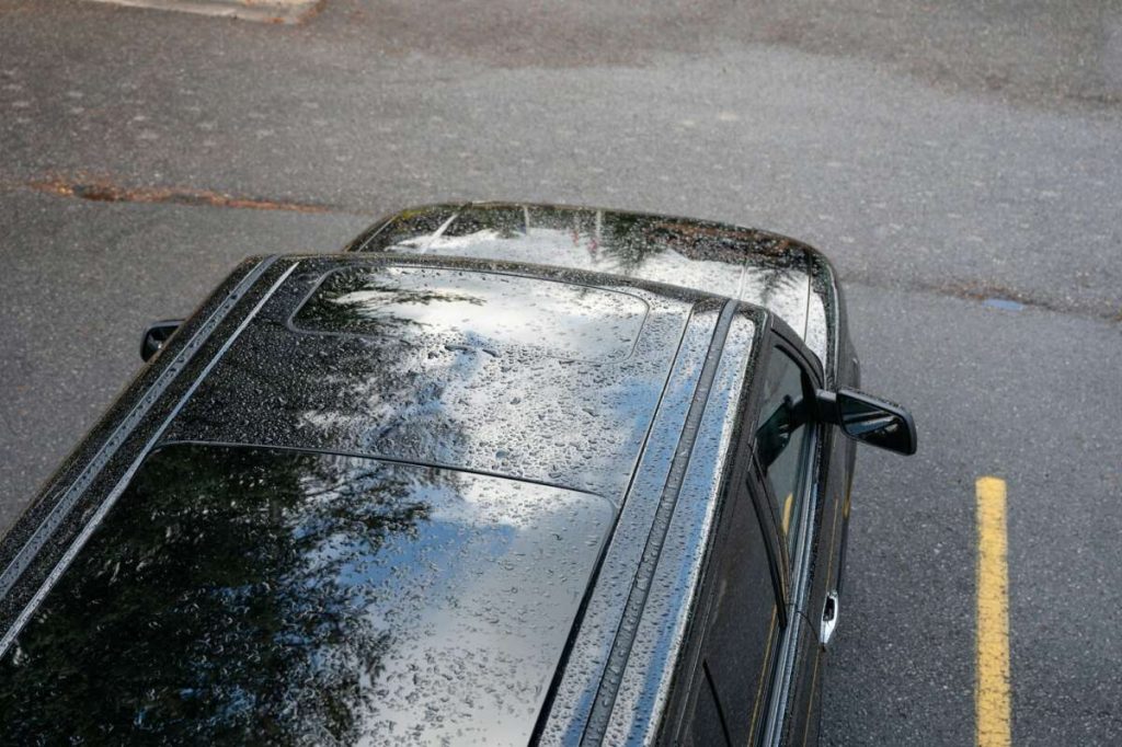 Top view of a black car parked on wet asphalt, its roof reflecting trees, showcasing the sleek results possible with professional paint protection film training.